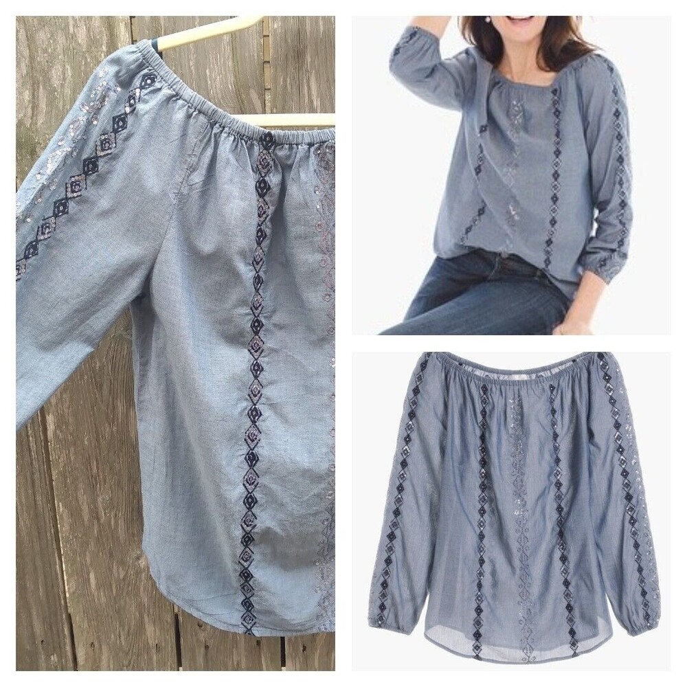 Chico's size 0 (US XS) top chambray off shoulder sequin embroidery blue